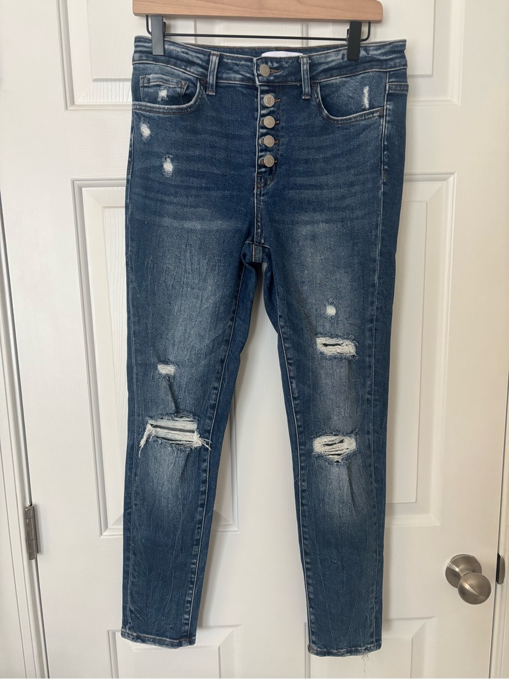 Vervet High-Rise Distressed Button-Fly Skinny Jeans - Dark Blue